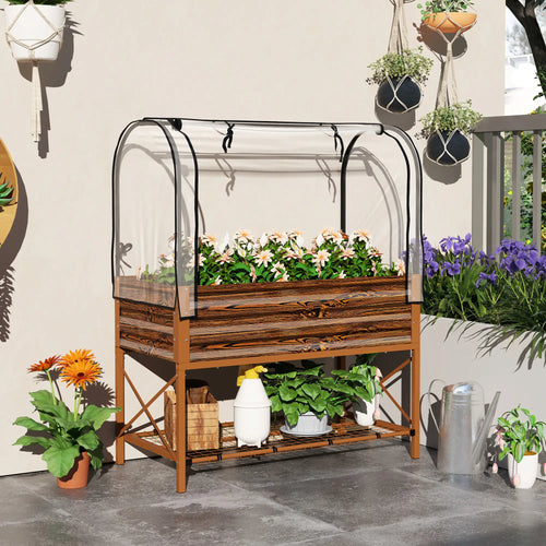 Metal Raised Garden Bed With Cover, 48 Inch, Dark Brown