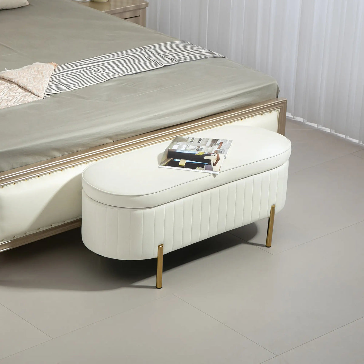 Upholstered Channel Tufted Ottoman Bench, Thick Padding, Metal Legs, Cream White Storage Ottomans & Benches at Gallery Canada