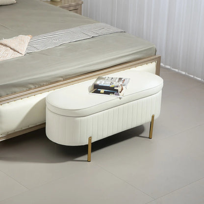 Upholstered Channel Tufted Ottoman Bench, Thick Padding, Metal Legs, Cream White Storage Ottomans & Benches at Gallery Canada
