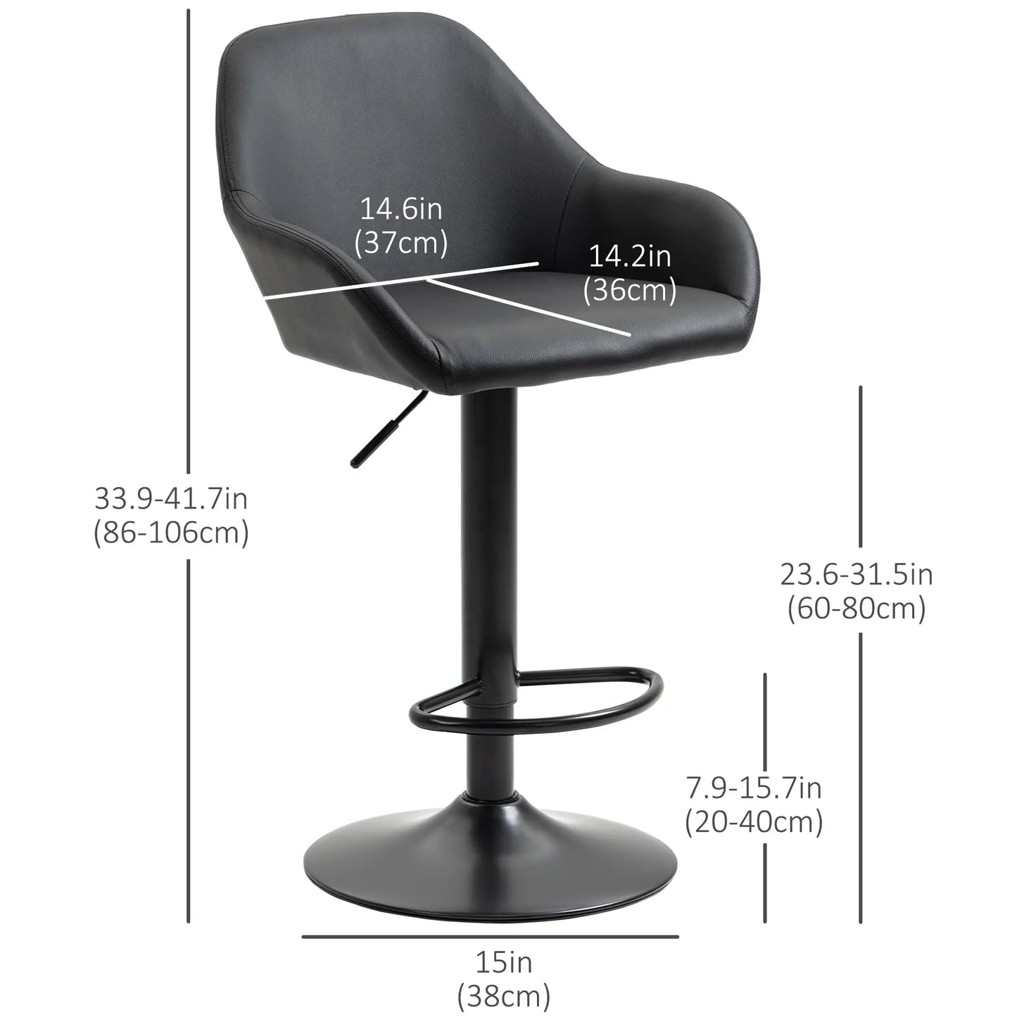 Adjustable Bar Stools Set of 2, Swivel with Footrest, PU Leather, Black Bar Stools at Gallery Canada