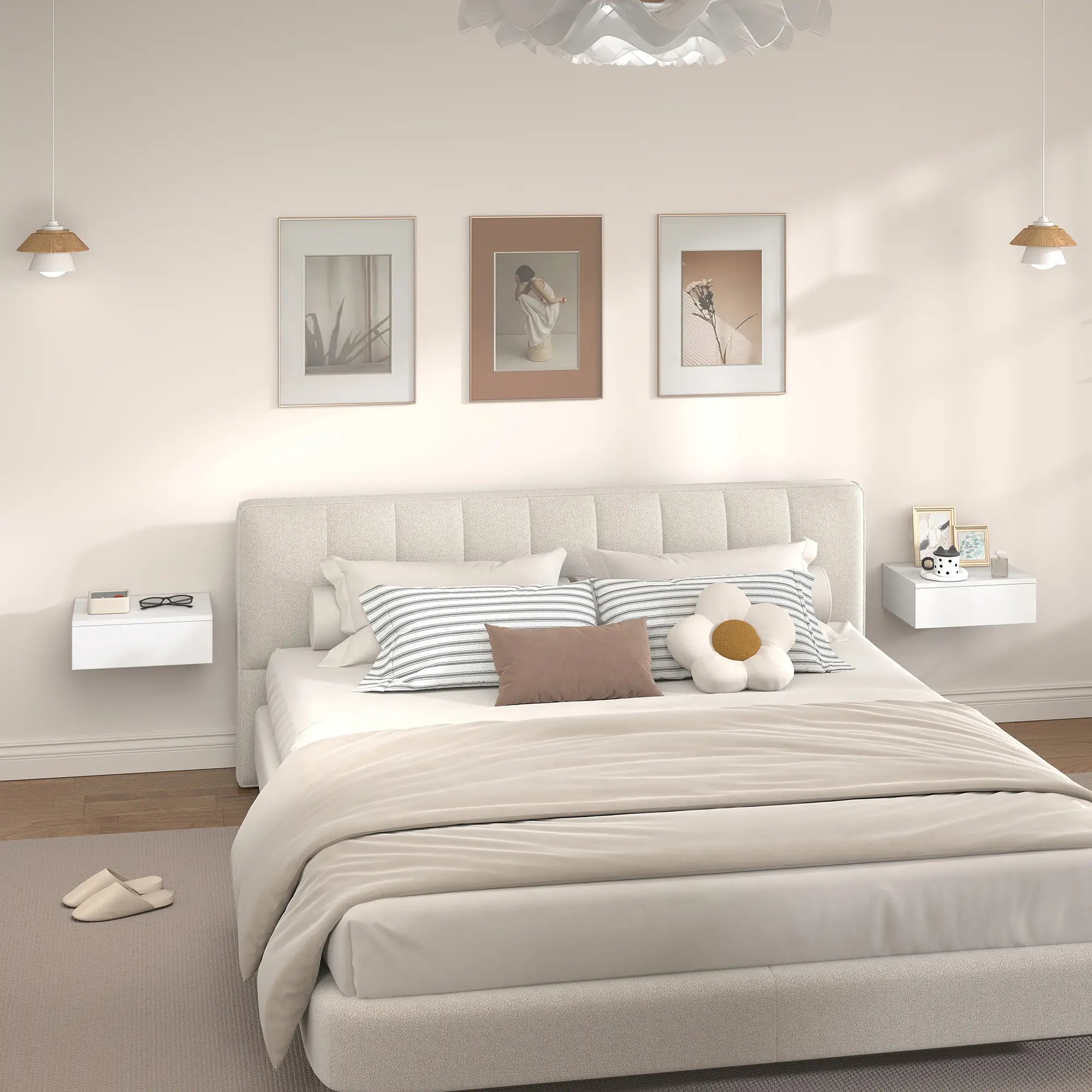 Set of 2 Wall Mounted Bedside Tables, High Gloss Floating Nightstands with Drawer, White Bedside Tables at Gallery Canada