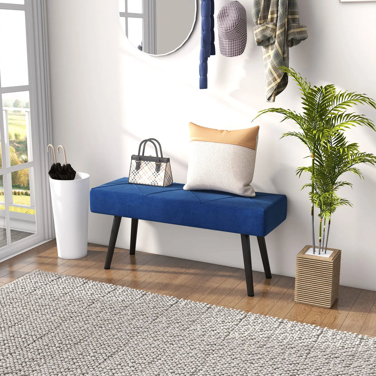 39 Inches Upholstered Bed Bench, Modern Steel Legs, Dark Blue Storage Ottomans & Benches at Gallery Canada