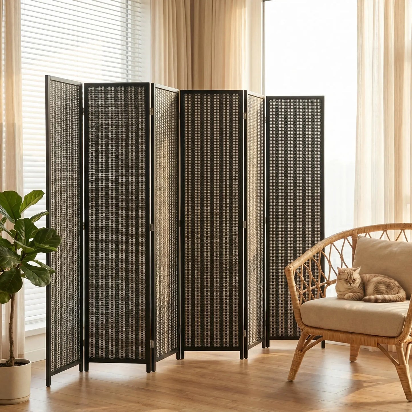 Folding Privacy Screen, 6 Panel Room Divider, Handwoven Bamboo, Black Room Dividers at Gallery Canada