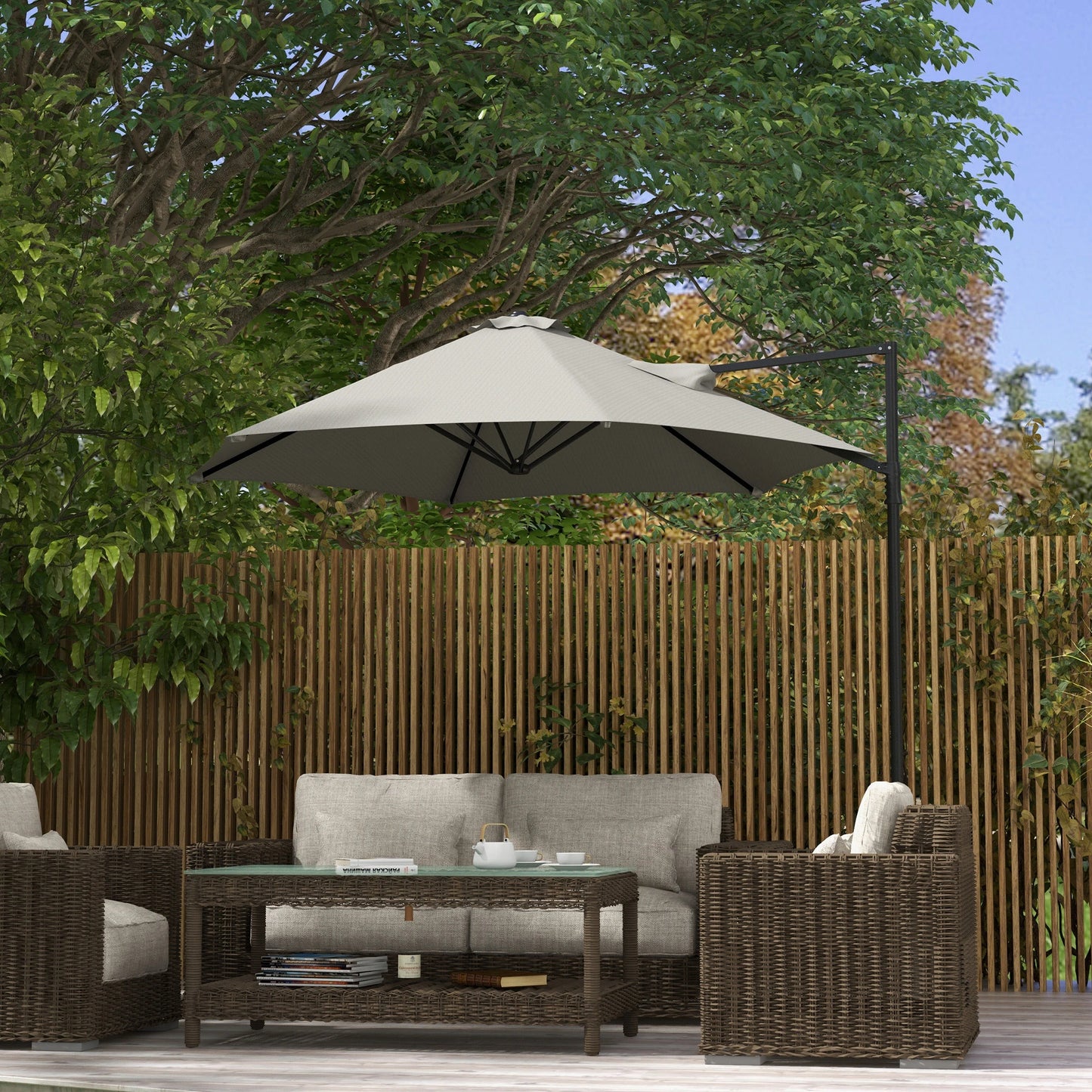 8.5FT Outdoor Cantilever Parasol, 360° Rotation, Cross Base, Light Grey Cantilever Umbrellas at Gallery Canada