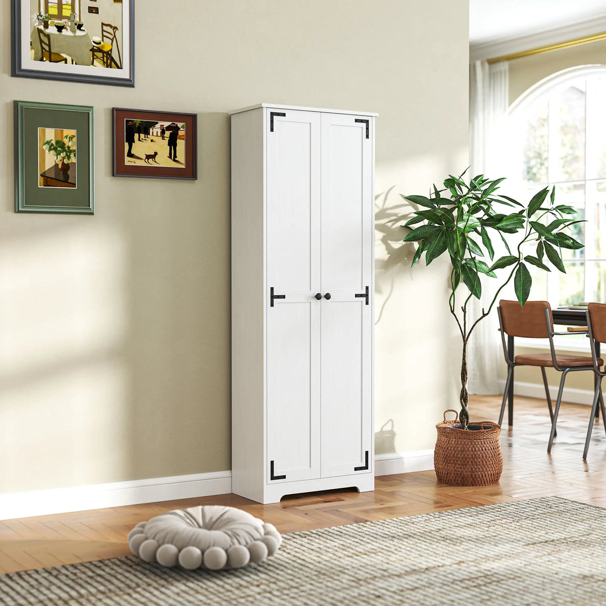 67" Farmhouse Pantry Cabinet, 2 Doors, Adjustable Shelves, Distressed, White Storage Cabinets at Gallery Canada