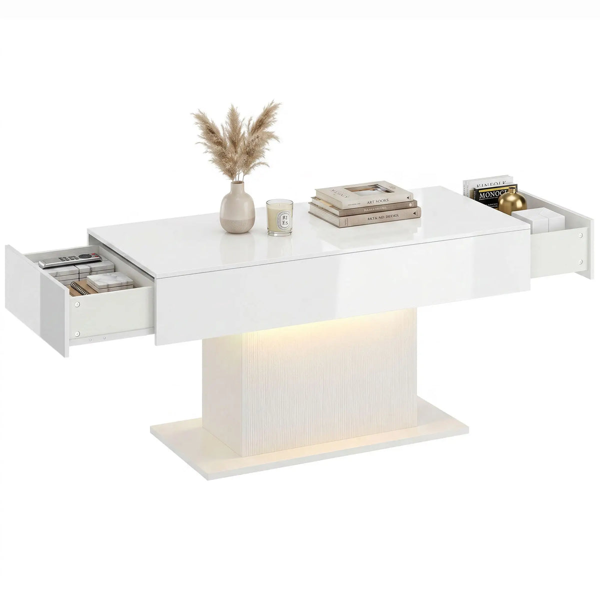 LED Coffee Table with Storage, High Gloss Modern Center Table with 2 Drawers and Remote Control for Living Room, White Coffee Tables at Gallery Canada