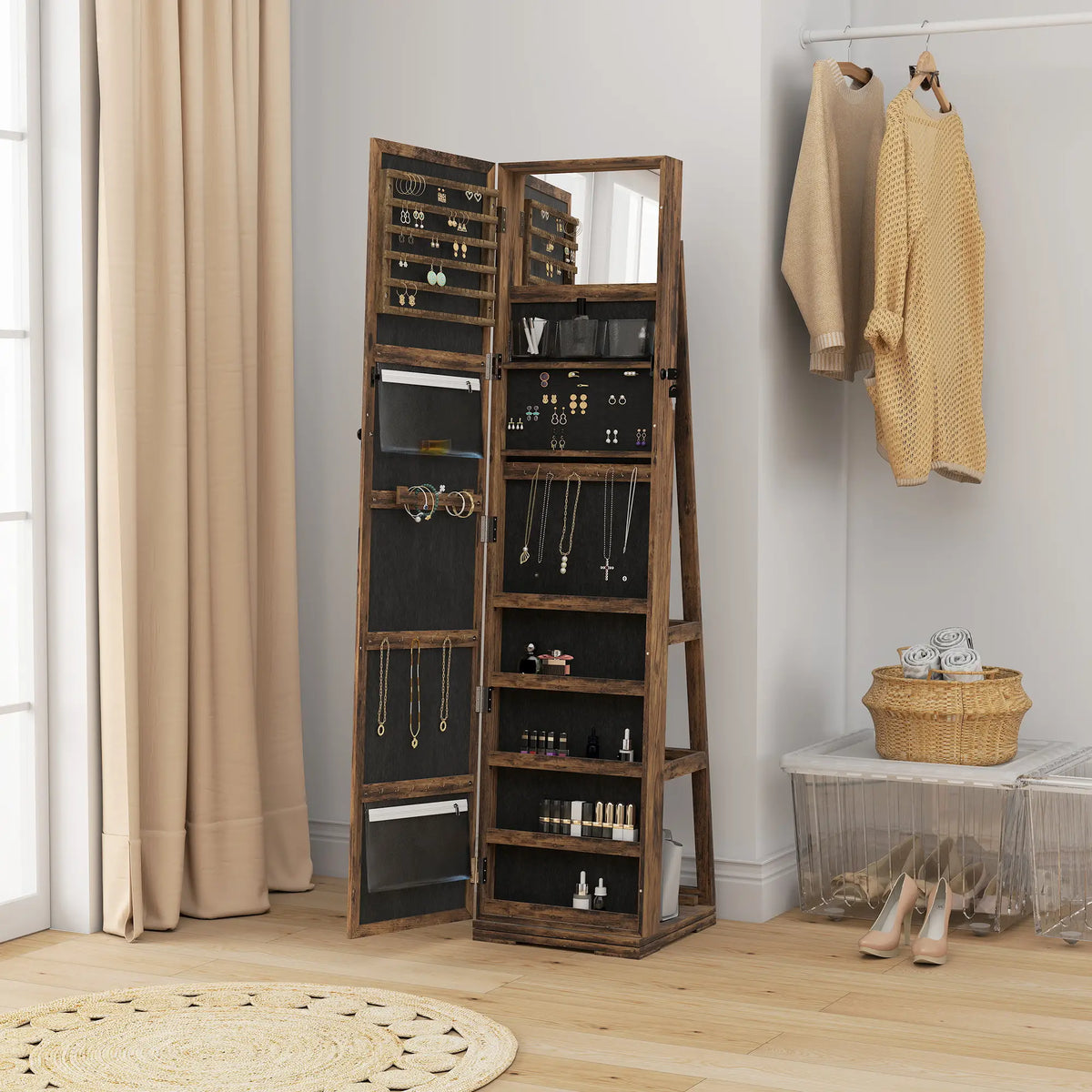 360° Swivel Jewelry Armoire, Lockable Mirror Cabinet, Rustic Brown Jewelry Armoire & Jewellery Mirror Cabinets at Gallery Canada