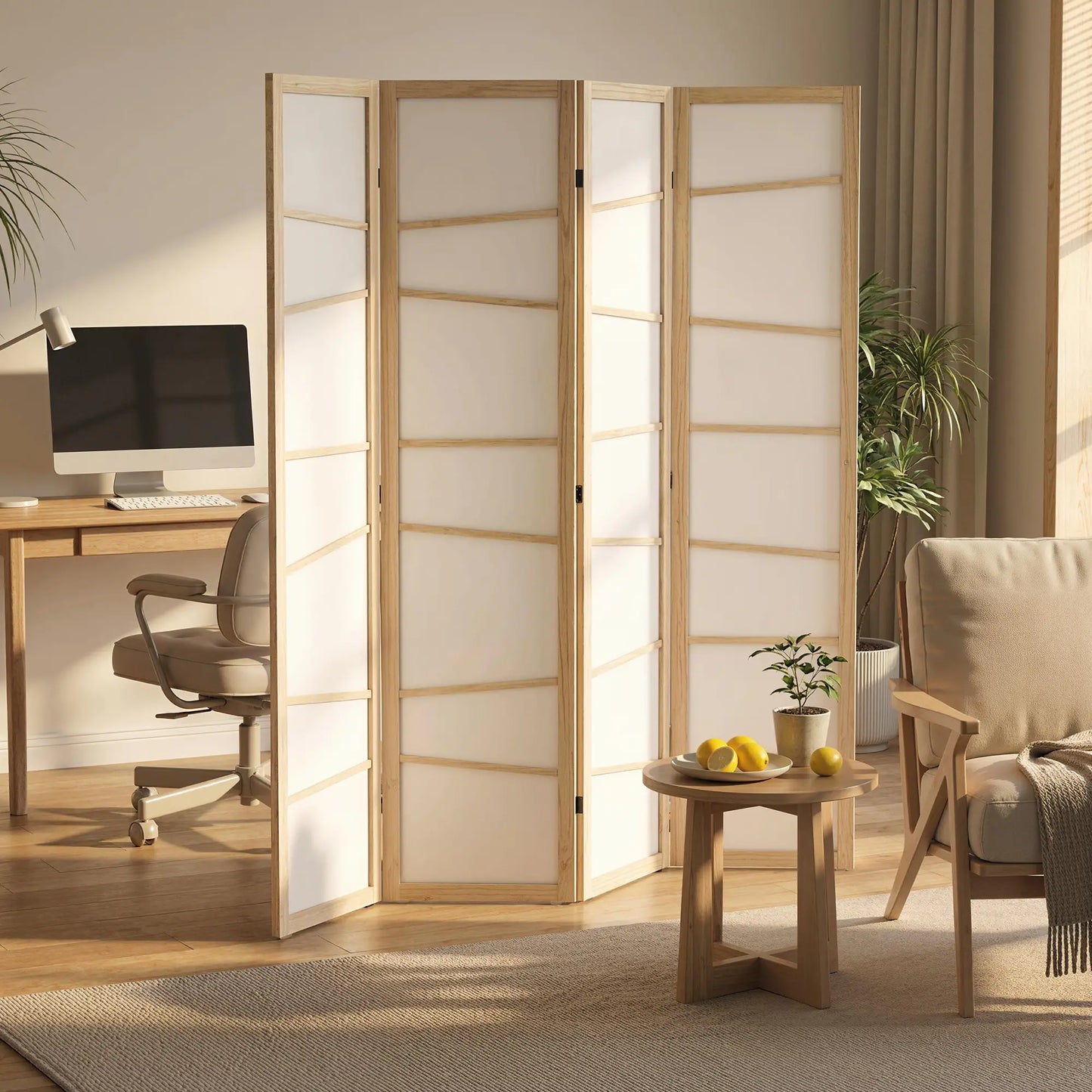 66.9" Folding Room Divider, 4 Panel Wood Frame, Natural Wood Room Dividers at Gallery Canada
