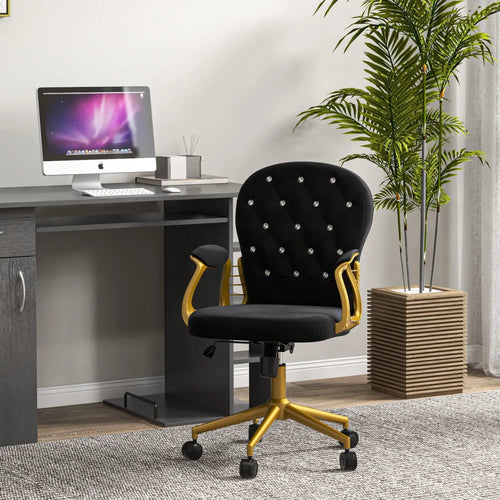 Velvet Office Desk Chair, Button Tufted, Swivel Wheels, Adjustable Height, Black