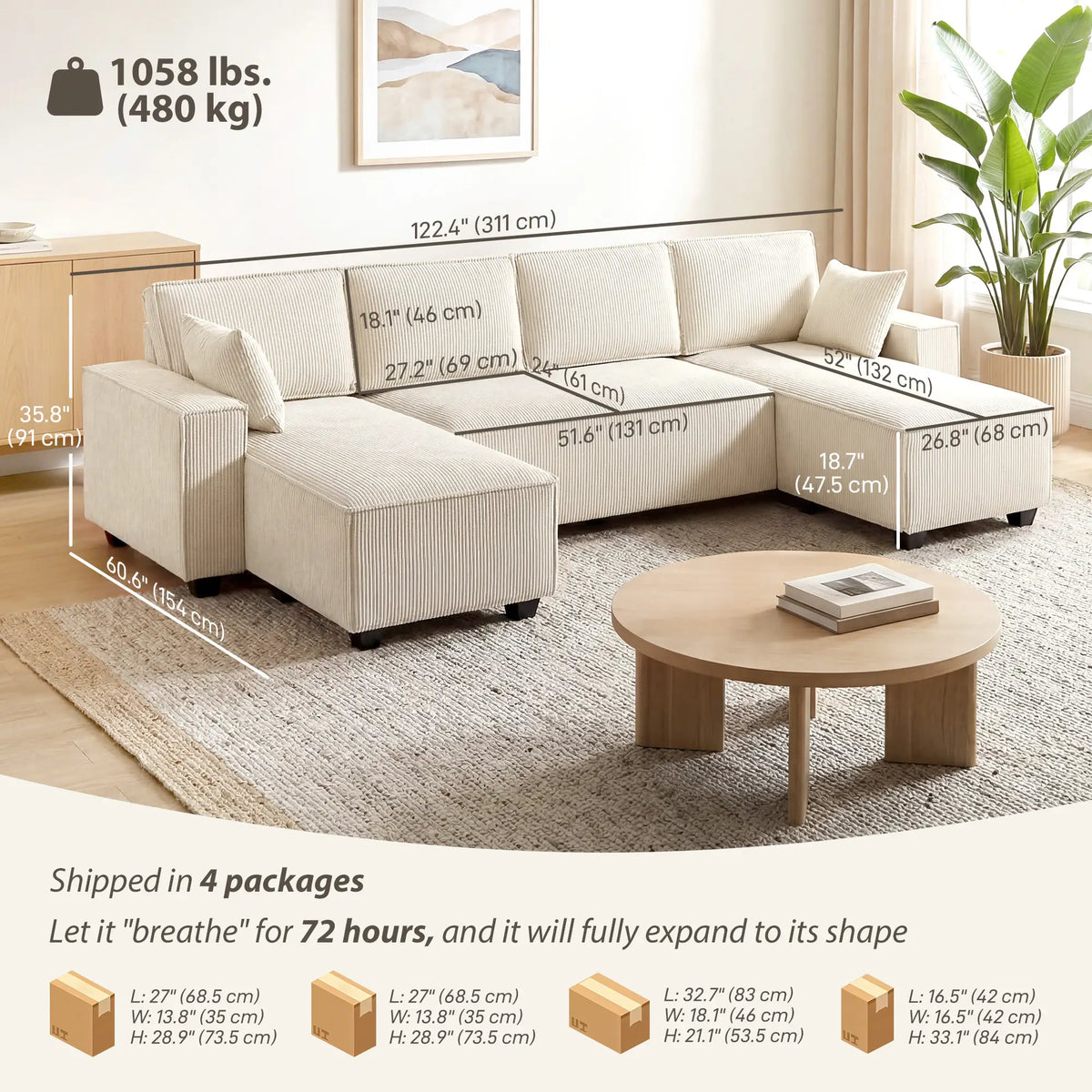 Modular U Shaped Sectional Sofa, Double Chaises, Spring Cushions, Beige