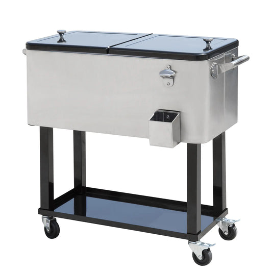 80 Quart Rolling Cooler Cart Portable Patio Ice Beer Beverage Cooling Bin for Outdoor Party w/ Bottle Opener &; Storage Shelf Silver Cooler Boxes Silver at Gallery Canada