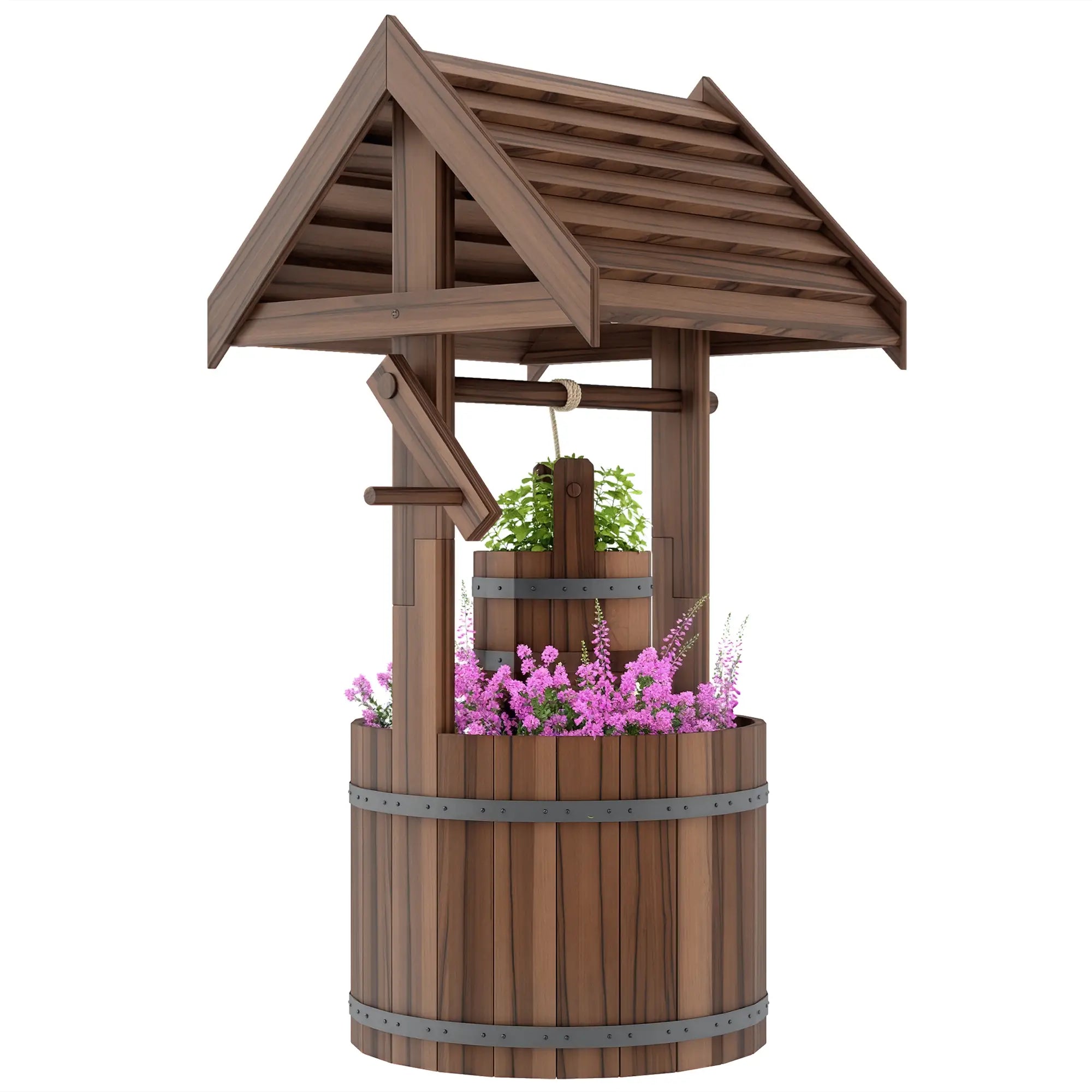 Wood Wishing Well Planter, With Hanging Bucket And Drainage, Tan Water Fountains at Gallery Canada