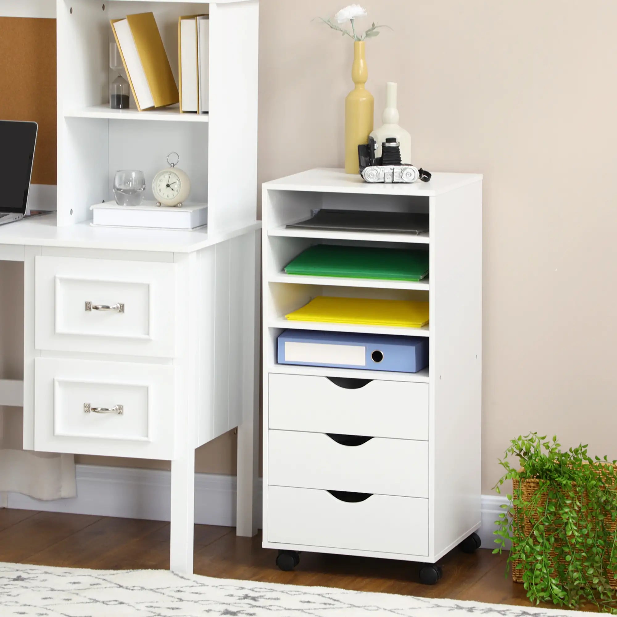 Vertical Filing Cabinet, Mobile 3 Drawers, 4 Shelves, White Office Cabinets & Cupboards at Gallery Canada