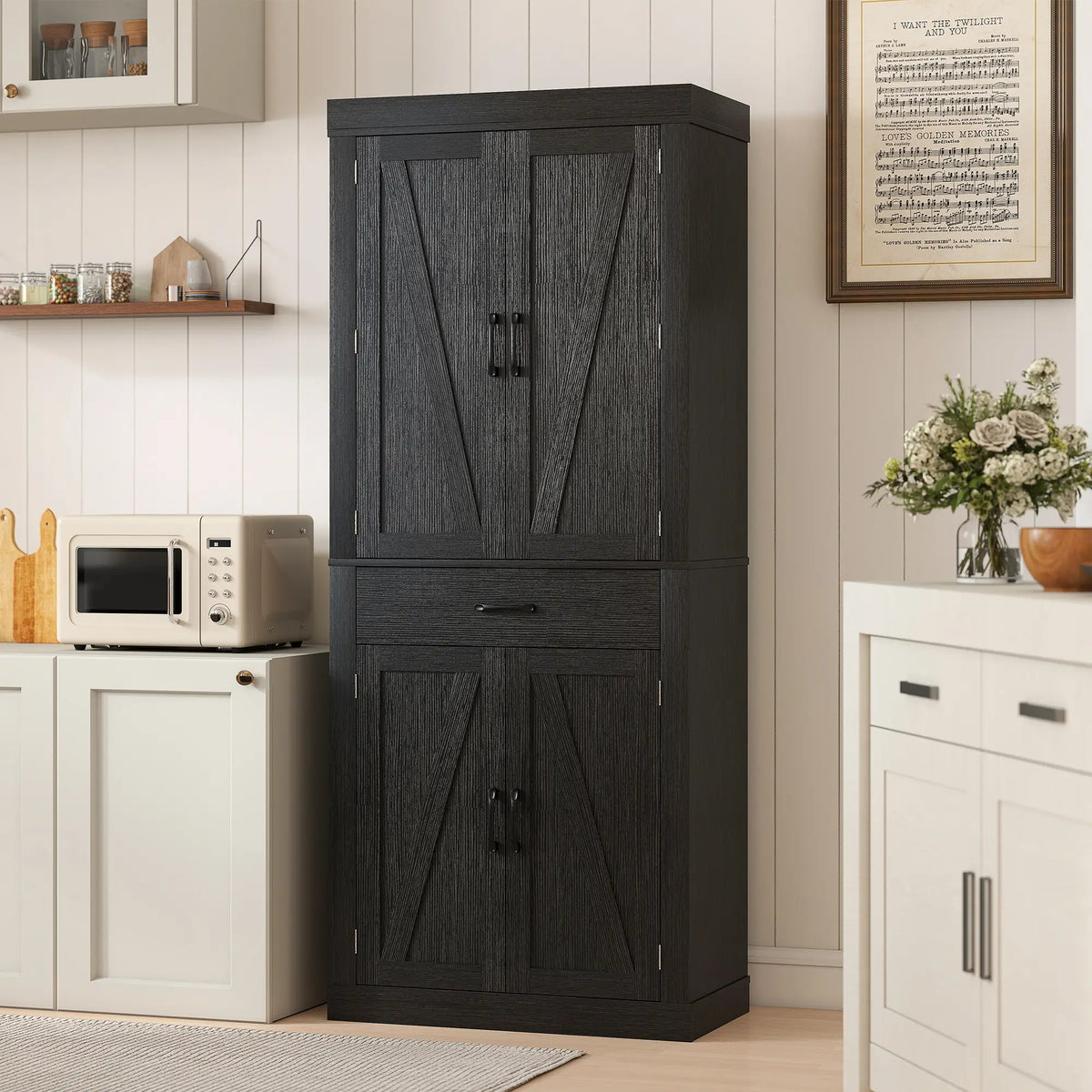 72 Inch Kitchen Pantry Cabinet, Farmhouse Storage, 4 Barn Doors, Black Kitchen Pantry Cabinets at Gallery Canada
