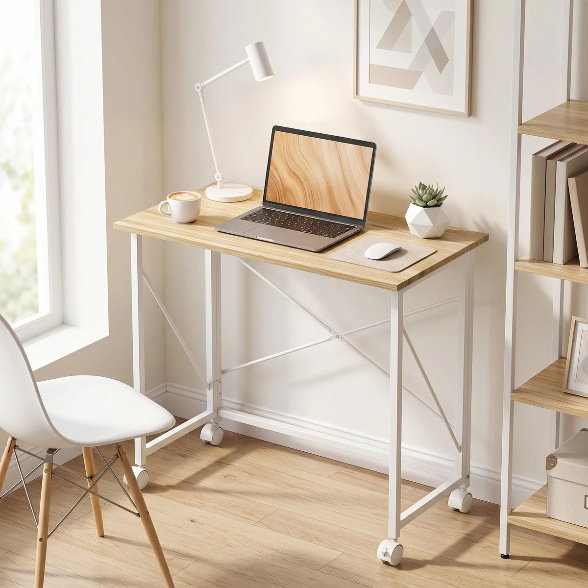 31.5" Folding Desk With Wheels, Home Office Desk, Natural Wood, Natural Wood Dumbbells & Barbells at Gallery Canada