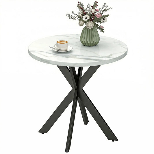 29" Round Dining Table, White Marble-Effect, Steel Legs, White