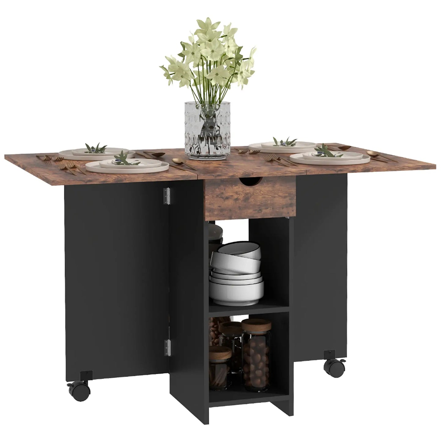Folding Dining Table, Drop Leaf with Drawer, Shelves, Rustic Brown, Brown Bar Tables & Dining Tables Rustic Brown at Gallery Canada