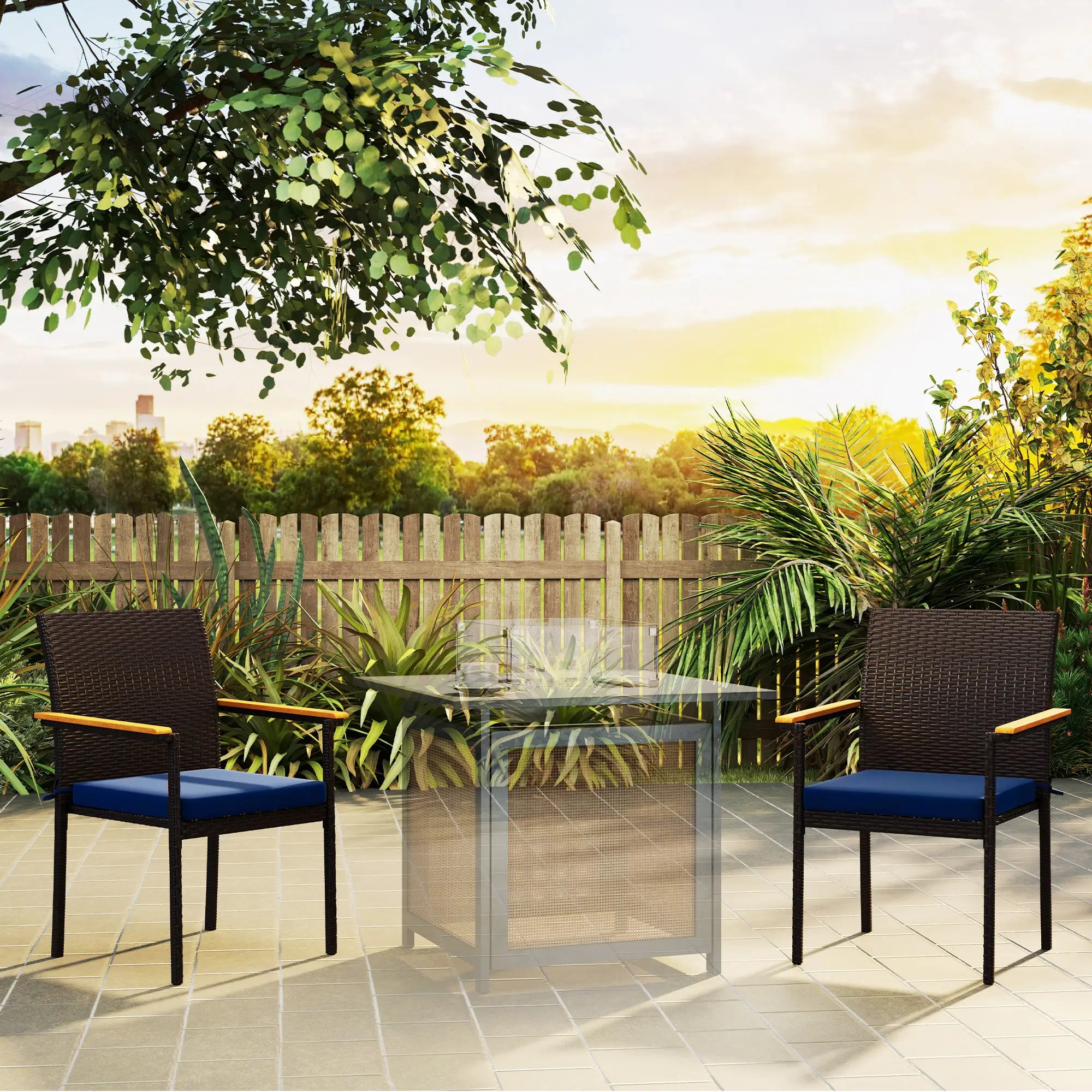 Stackable Wicker Patio Chairs, Set of 2, Removable Cushion, Armrest, Navy Blue Patio Chairs at Gallery Canada