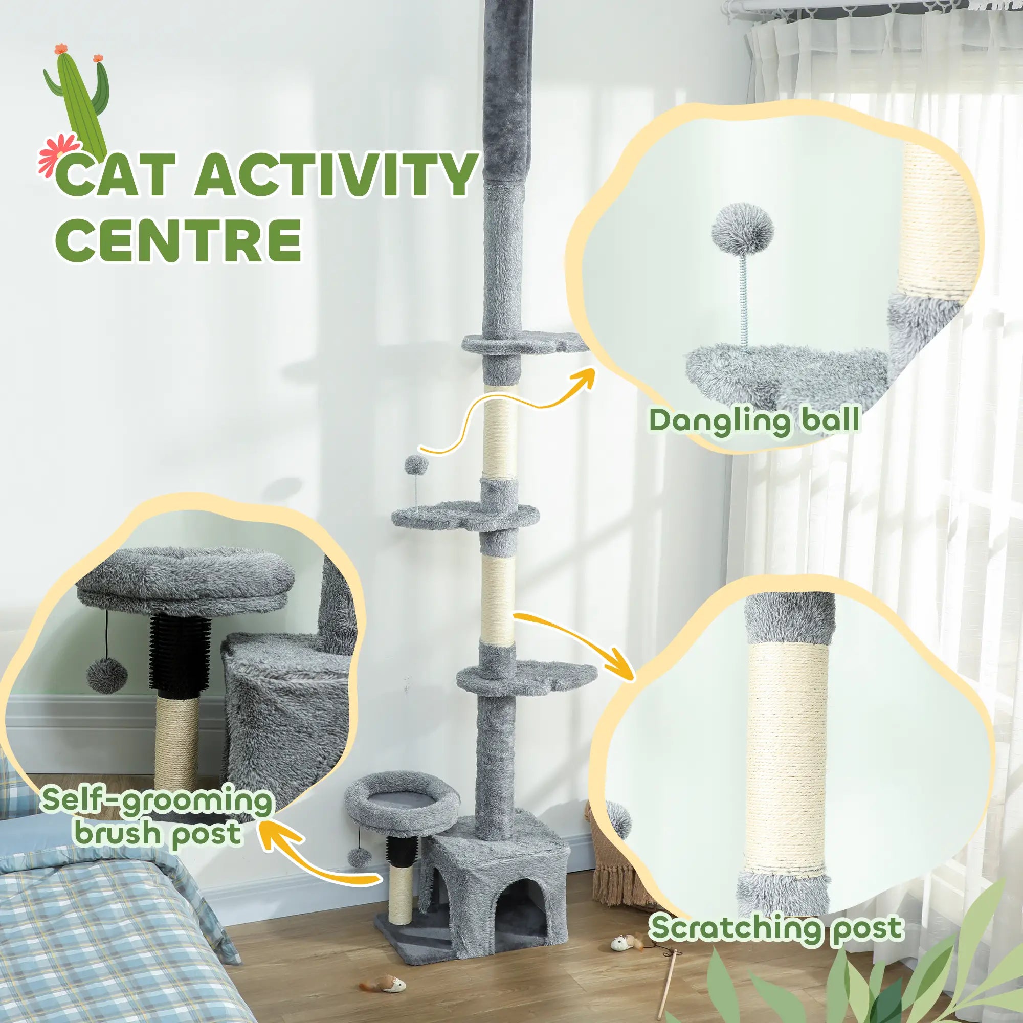 Floor to Ceiling Cat Tree, 4 Tiers, Adjustable Height 87-100