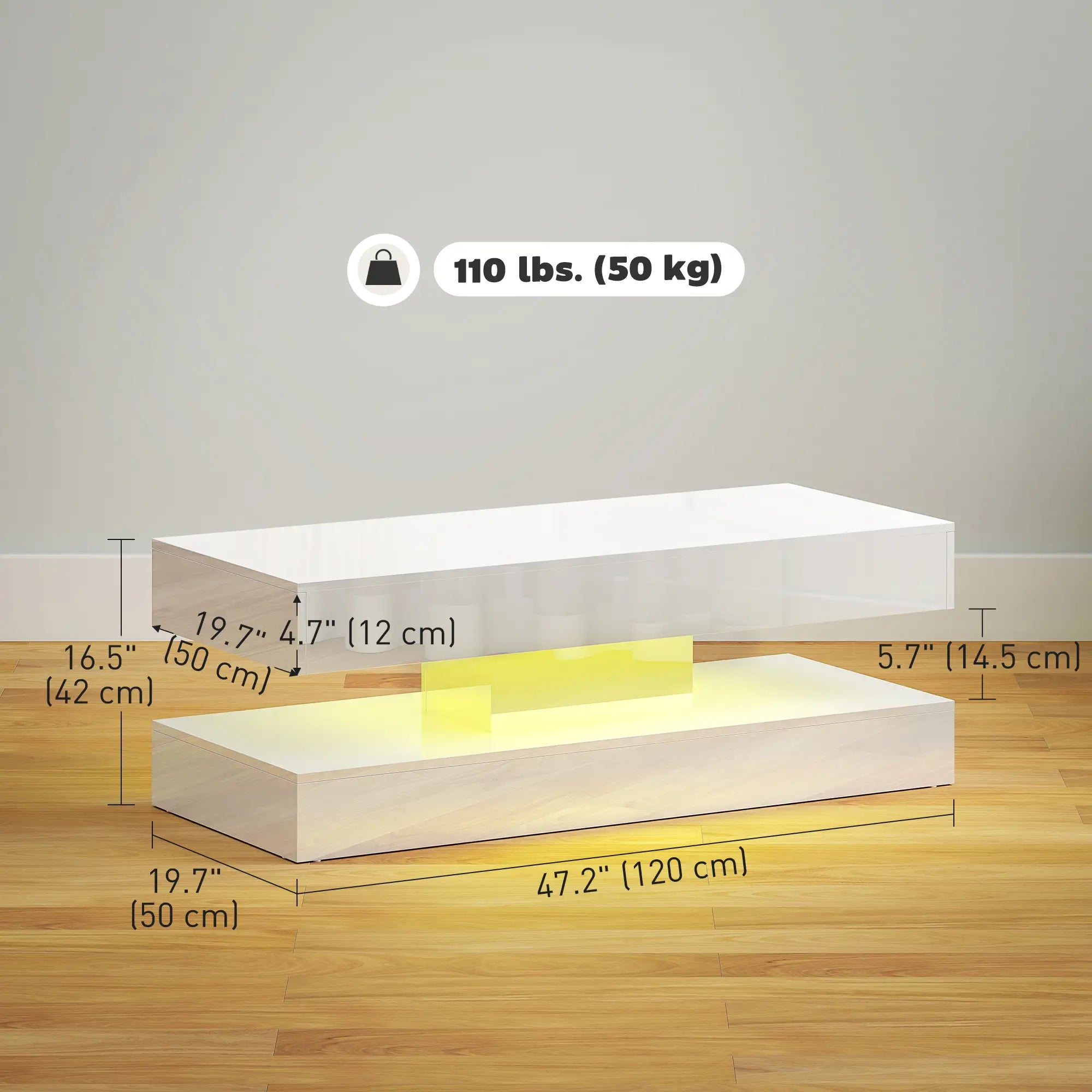 Adjustable LED Coffee Table, 2 Drawers, Open Shelf, Remote, High Gloss White, White Coffee Tables at Gallery Canada