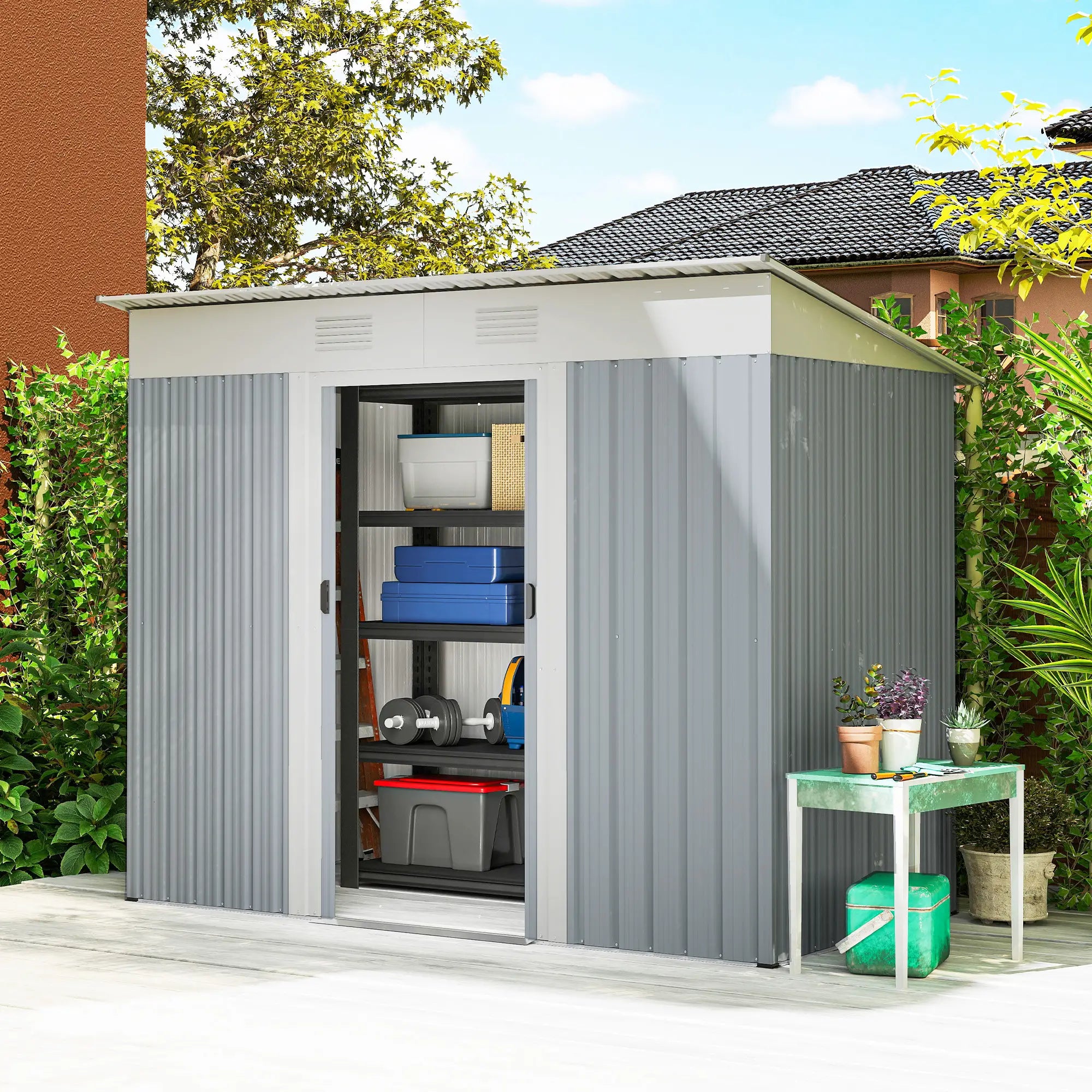 7' x 3.6' Metal Garden Shed, Lockable Sliding Doors, Vents, Grey Sheds at Gallery Canada
