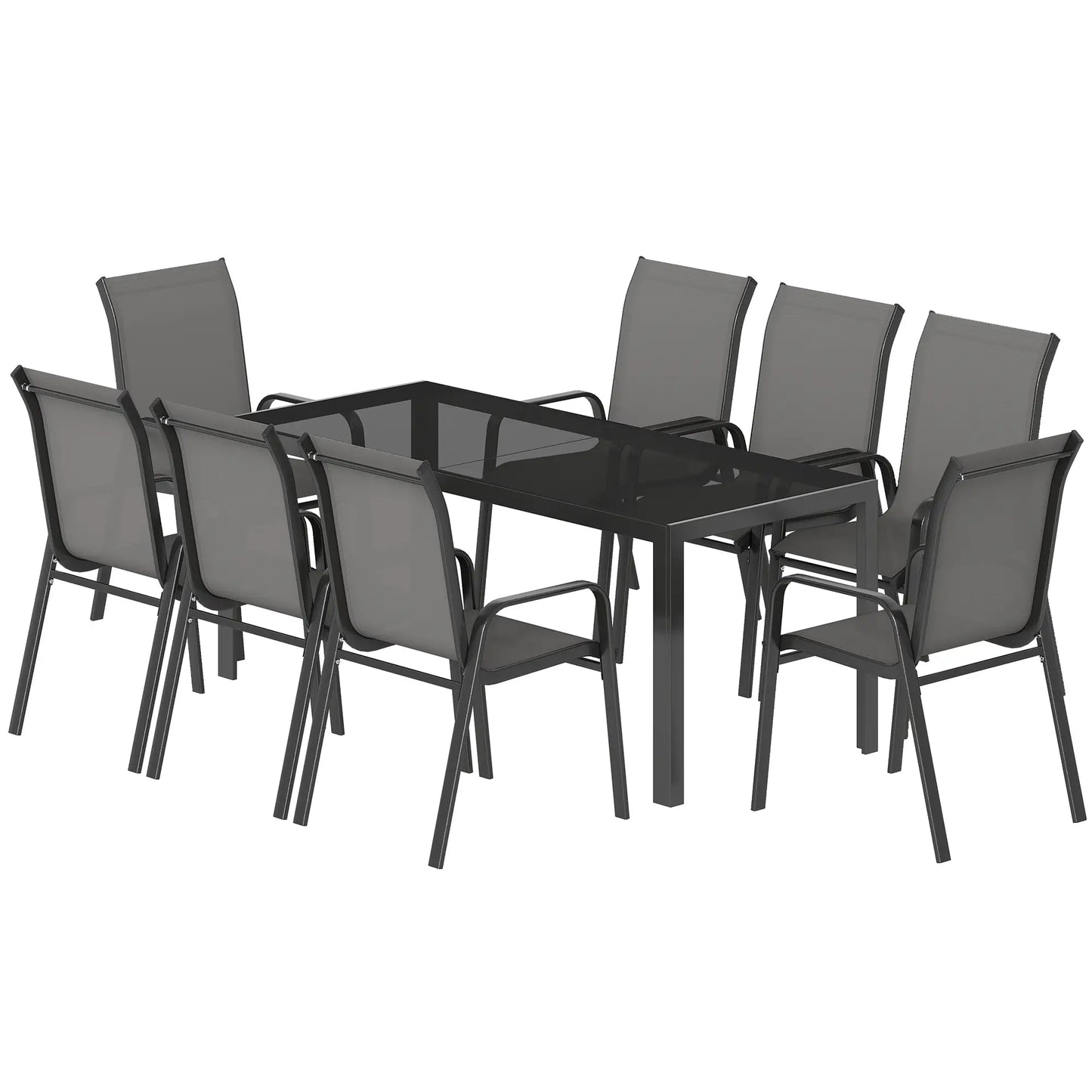 9-Piece Patio Dining Set, Glass Top Table, Stackable Chairs, Dark Grey Outdoor Dining Sets Dark Grey, Black at Gallery Canada