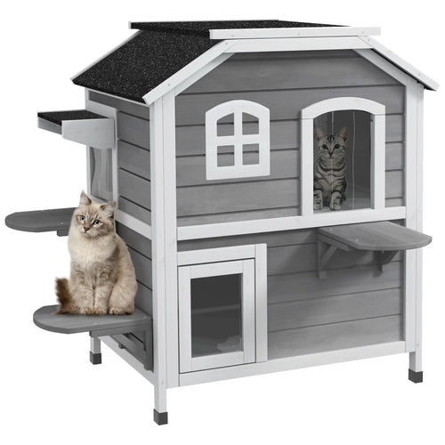 2-Storey Outdoor Cat House, Wooden Catio, Openable Roof, Grey