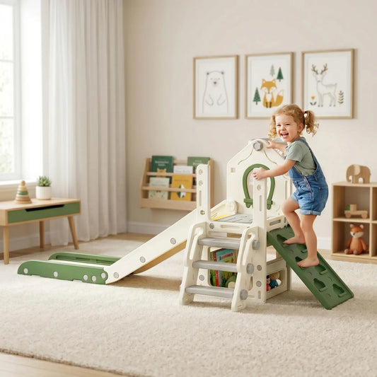 Foldable 4 in 1 Toddler Slide with Climber, Basketball Hoop, Storage Space and Basketball for Ages 1-3 Years, Cream Gym Sets & Swings Cream White, Light Grey, Yellow, Green at Gallery Canada