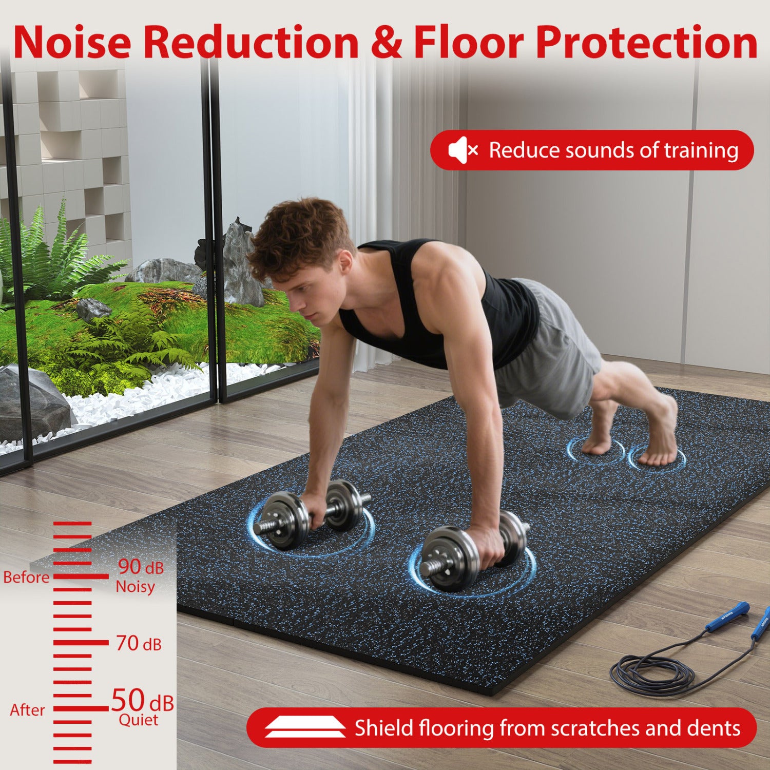 0.79 inch Set of 2 Thick Rubber Top Exercise Mat 48 Sq Ft with Boarders, Black & Blue Decorative Fencing & Flooring at Gallery Canada