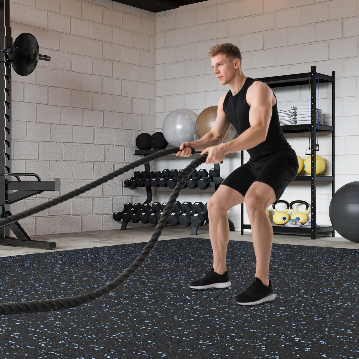 0.79 inch Thick Rubber Top Exercise Mat 48 Sq Ft with Boarders, Black & Blue Decorative Fencing & Flooring at Gallery Canada