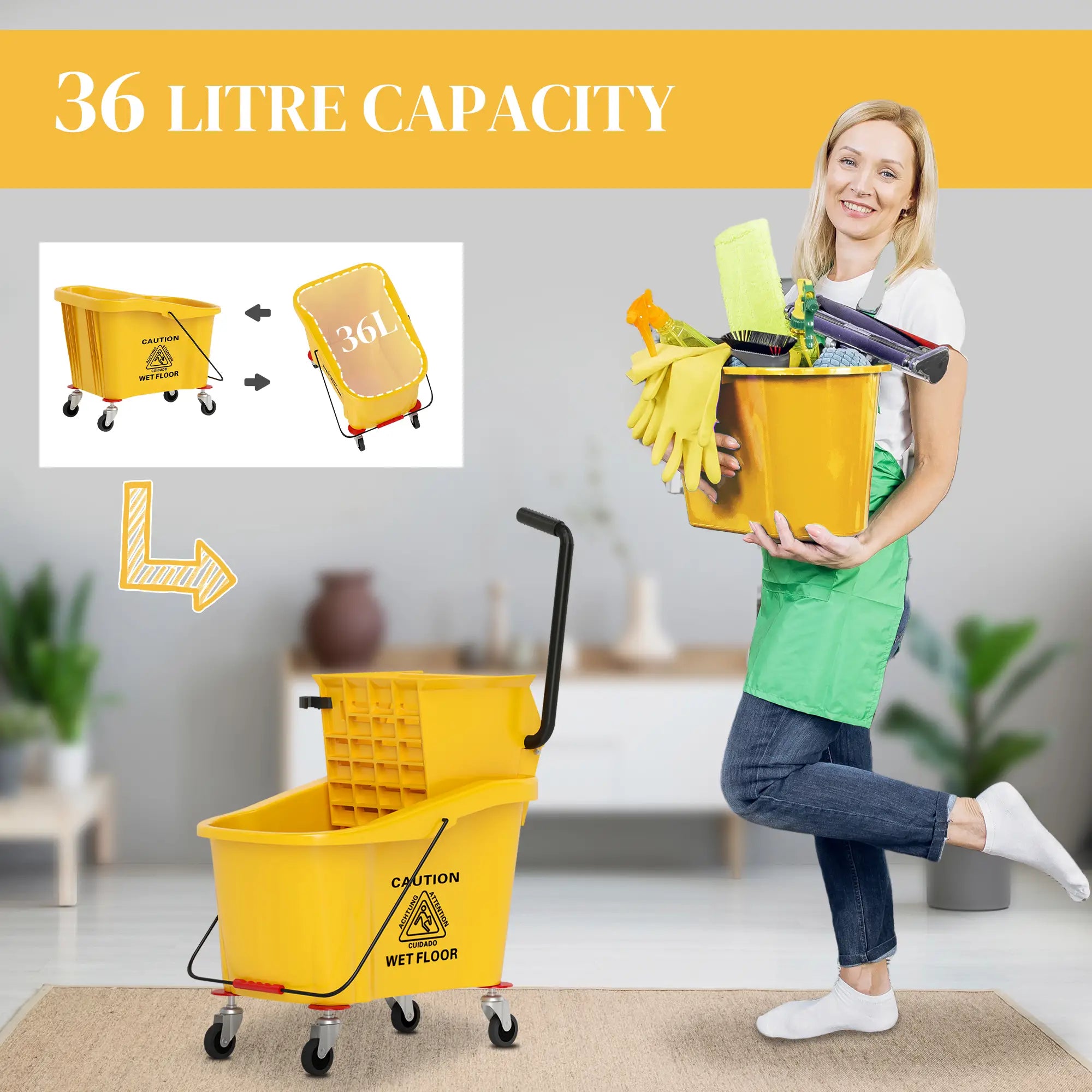 Mop Bucket with Wringer on Wheels, 38 Quart, Yellow Household Supplies at Gallery Canada
