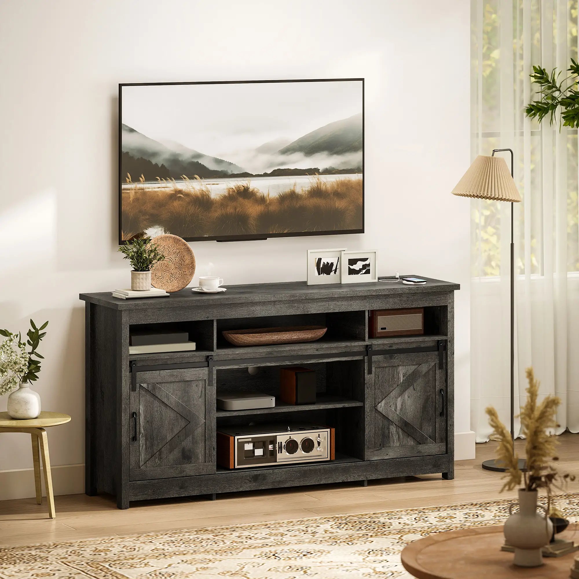 TV Stand For 72 Inch TVs, Power Outlets, Sliding Barn Doors, Dark Grey TV Stands at Gallery Canada
