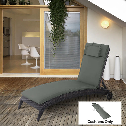 Garden Lounger Chair Cushion, Deep Seat Patio, Thick Padded, Headrest, Removable Cover, Grey