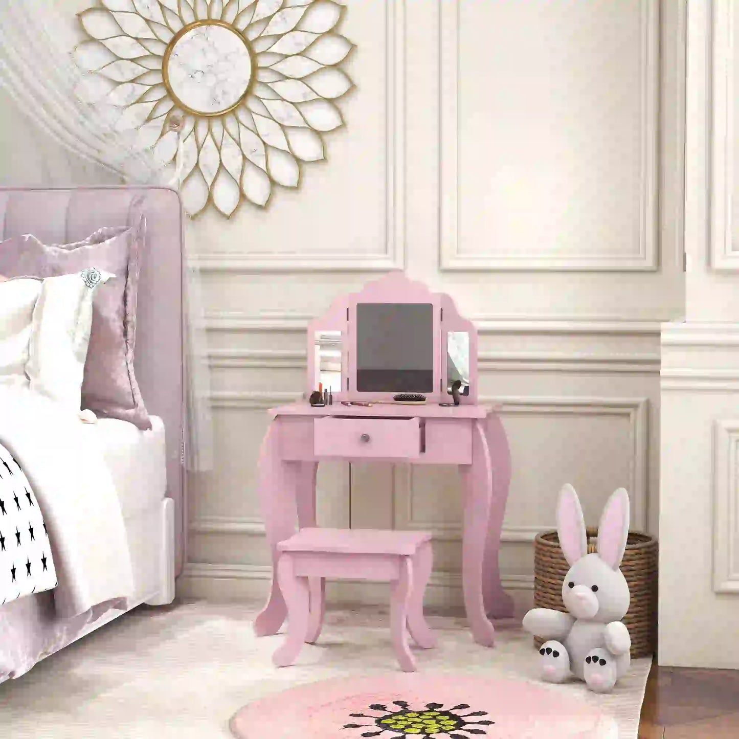 Kids Vanity Table and Stool, Makeup Set with Tri-Folding Mirrors, Pink Kids Bedroom Furniture at Gallery Canada