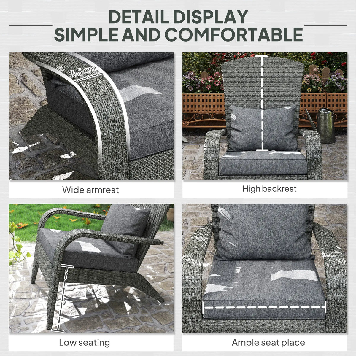 Wicker Adirondack Chair, PE Rattan Outdoor Fire Pit Chair, Heather Grey