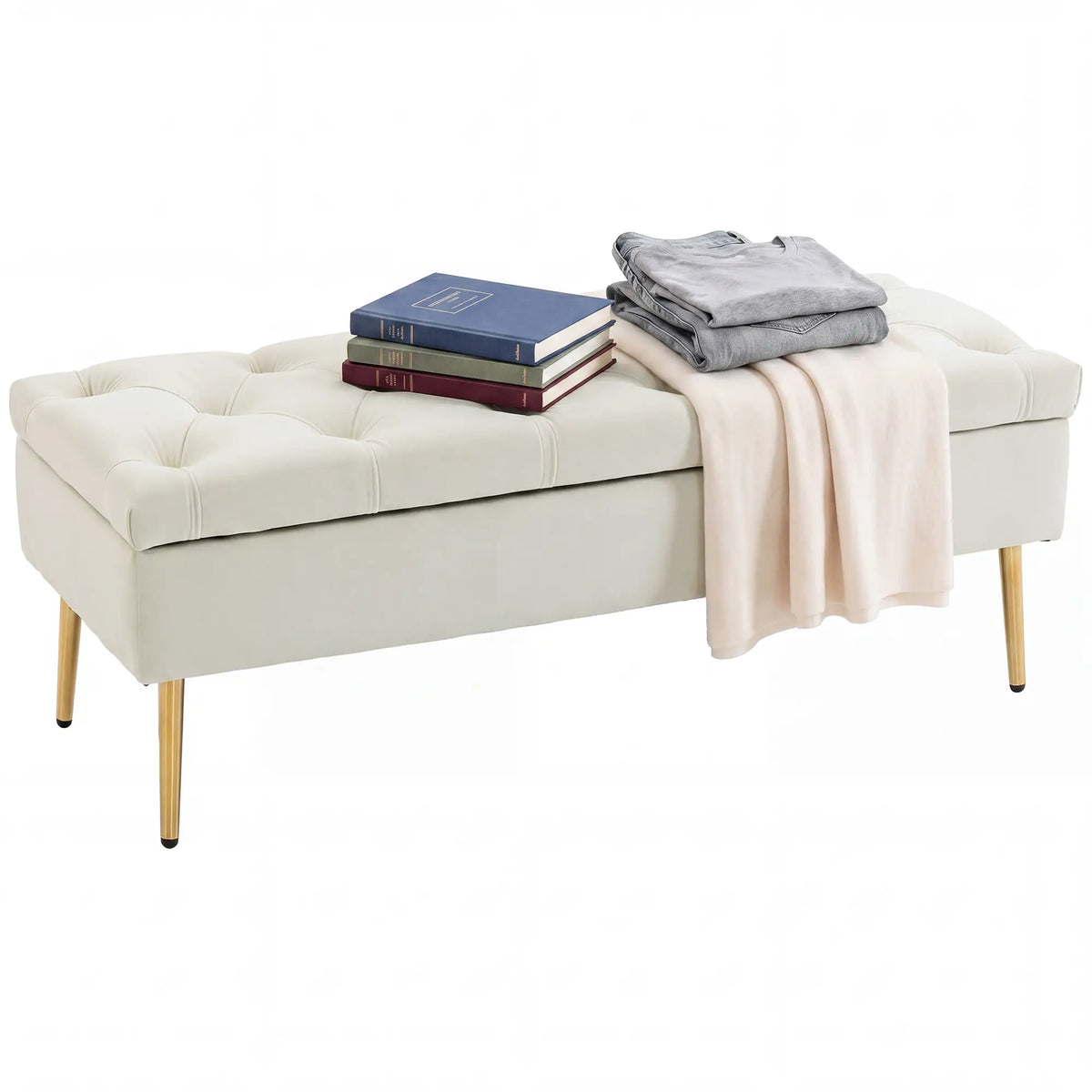 Upholstered Bedroom Bench with Gold Tone Metal Legs, Velvet Tufted and Thick Padding, Beige Storage Ottomans & Benches at Gallery Canada