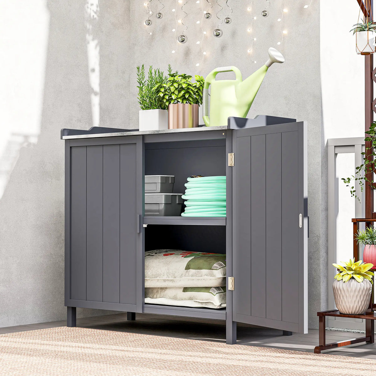 Outdoor Garden Storage Cabinet, Potting Bench with Galvanized Top, Grey Sheds at Gallery Canada