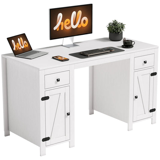 53" Farmhouse Executive Desk, White Wood Grain, Computer Desk With Drawers, White Writing Desks White Wood Grain at Gallery Canada