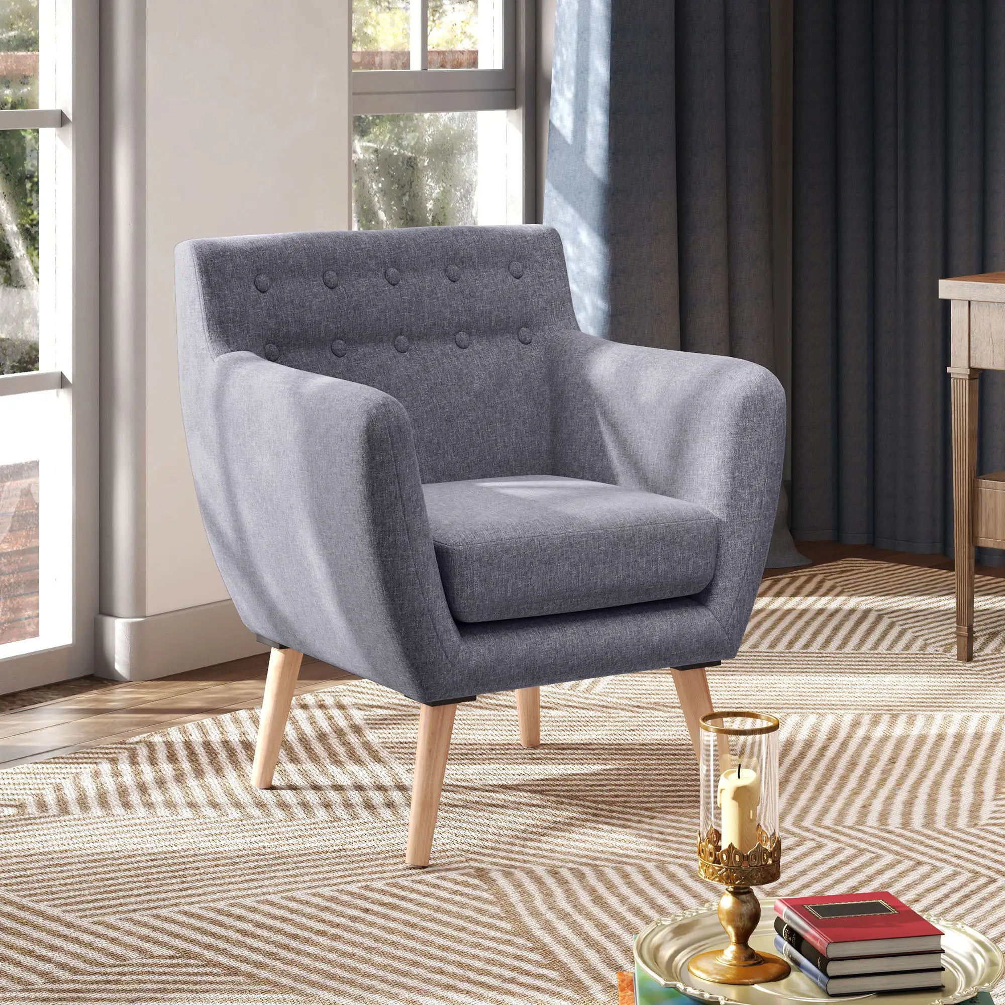 Mid-Century Modern Linen Armchair, Wood Frame, Thick Padding, Light Grey Accent Chairs at Gallery Canada