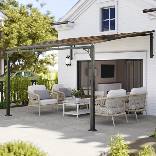 11' x 10' Outdoor Pergola, Wall Mounted Hardtop Gazebo, Polycarbonate Roof Pergolas Brown at Gallery Canada