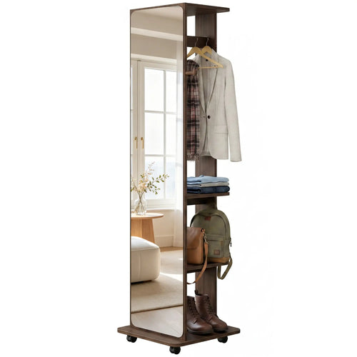 Full Length Floor Mirror With Storage Shelves, Wood Grain, Brown