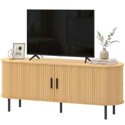 TV Stand for TVs up to 60", Modern Entertainment Center with Curved Sliding Doors, Natural Wood TV Stands Natural Wood, Black at Gallery Canada