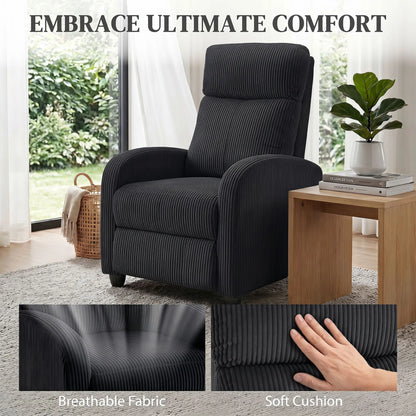 Corduroy Push Back Recliner Chair, Padded Seat, Black Single Sofas at Gallery Canada