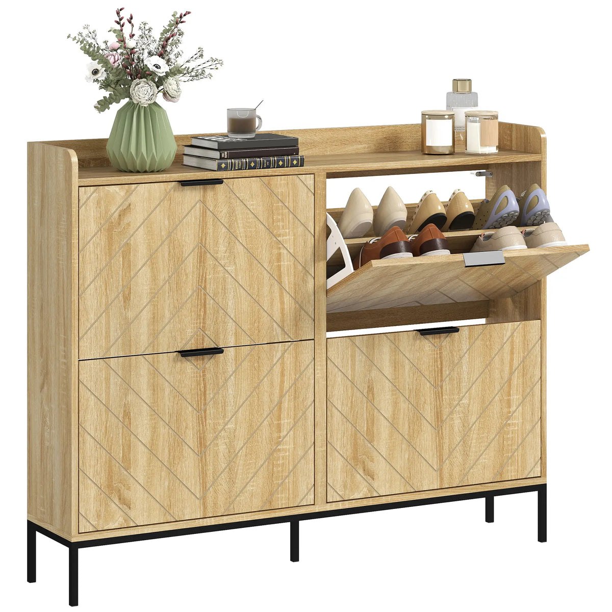 Narrow Shoe Storage Cabinet, 4 Flip Drawers, Holds 16 Pairs, Oak Shoe Storage Cabinets & Racks at Gallery Canada