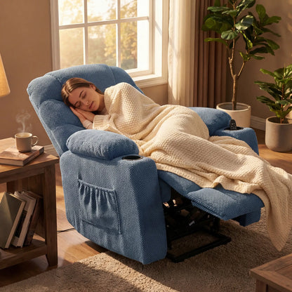 Electric Lift Recliner Chair, Massage, Side Pockets, Cup Holders, Remote, Blue Electric Power Lift Chairs at Gallery Canada