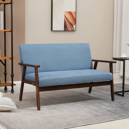 Compact Loveseat Sofa, Linen Fabric, Rubber Wood Legs, Blue