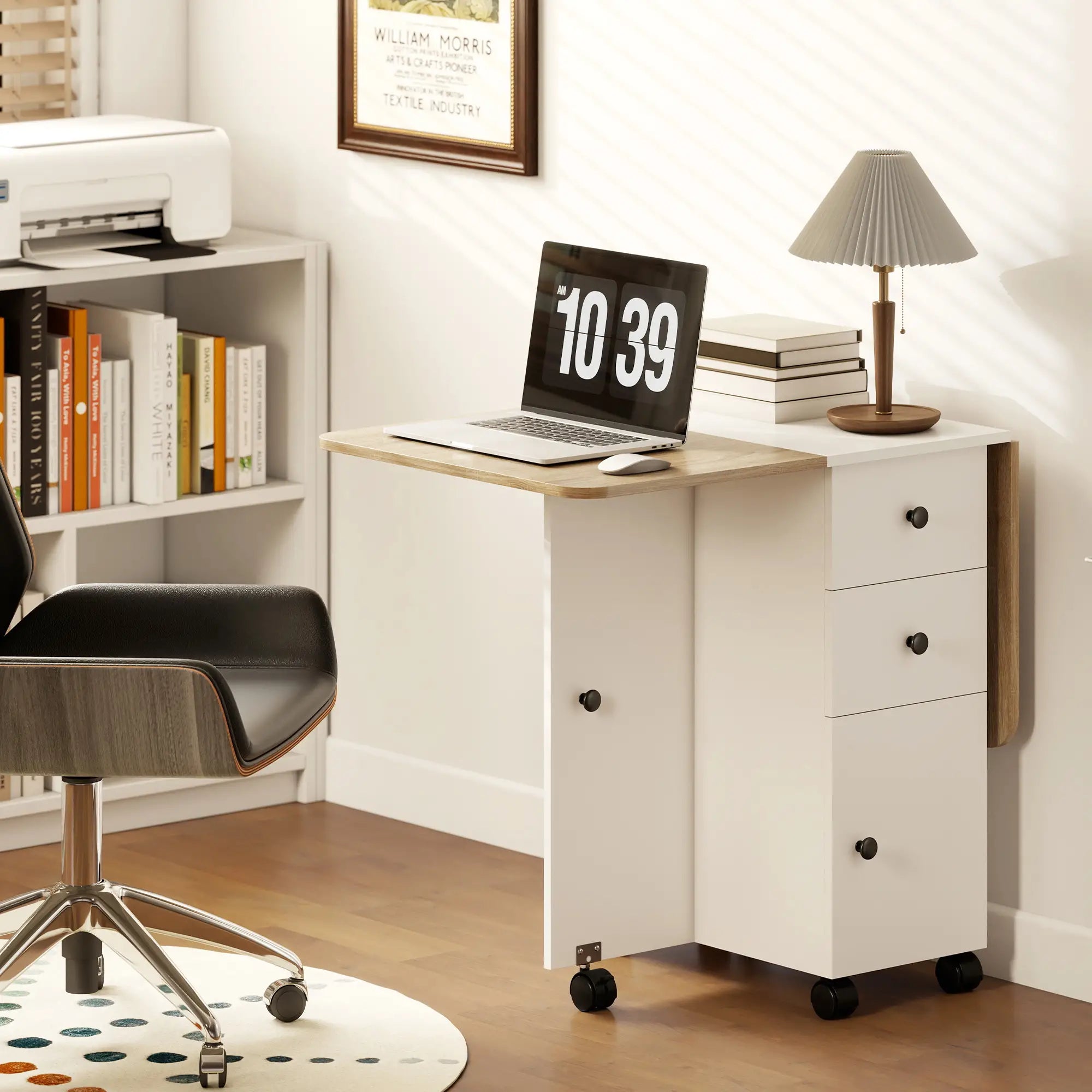Mobile Drop Leaf Dining Table On Wheels, White And Oak, White Dining Tables at Gallery Canada