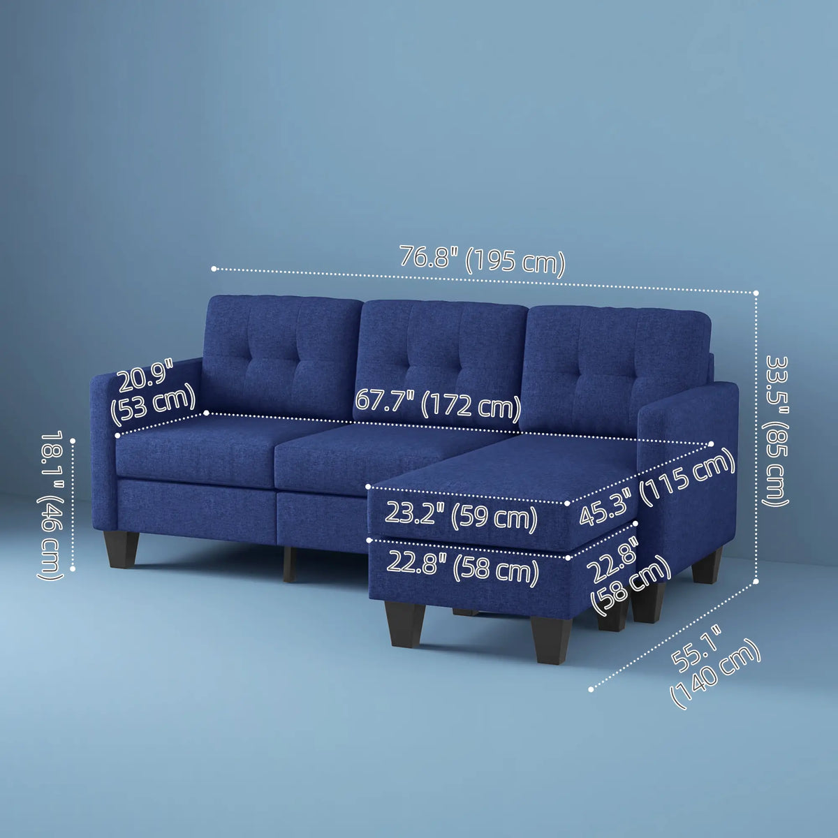 L-Shaped Sofa, 3 Seater Sectional Couch with Ottoman, Dark Blue 3-Seater Sofas at Gallery Canada