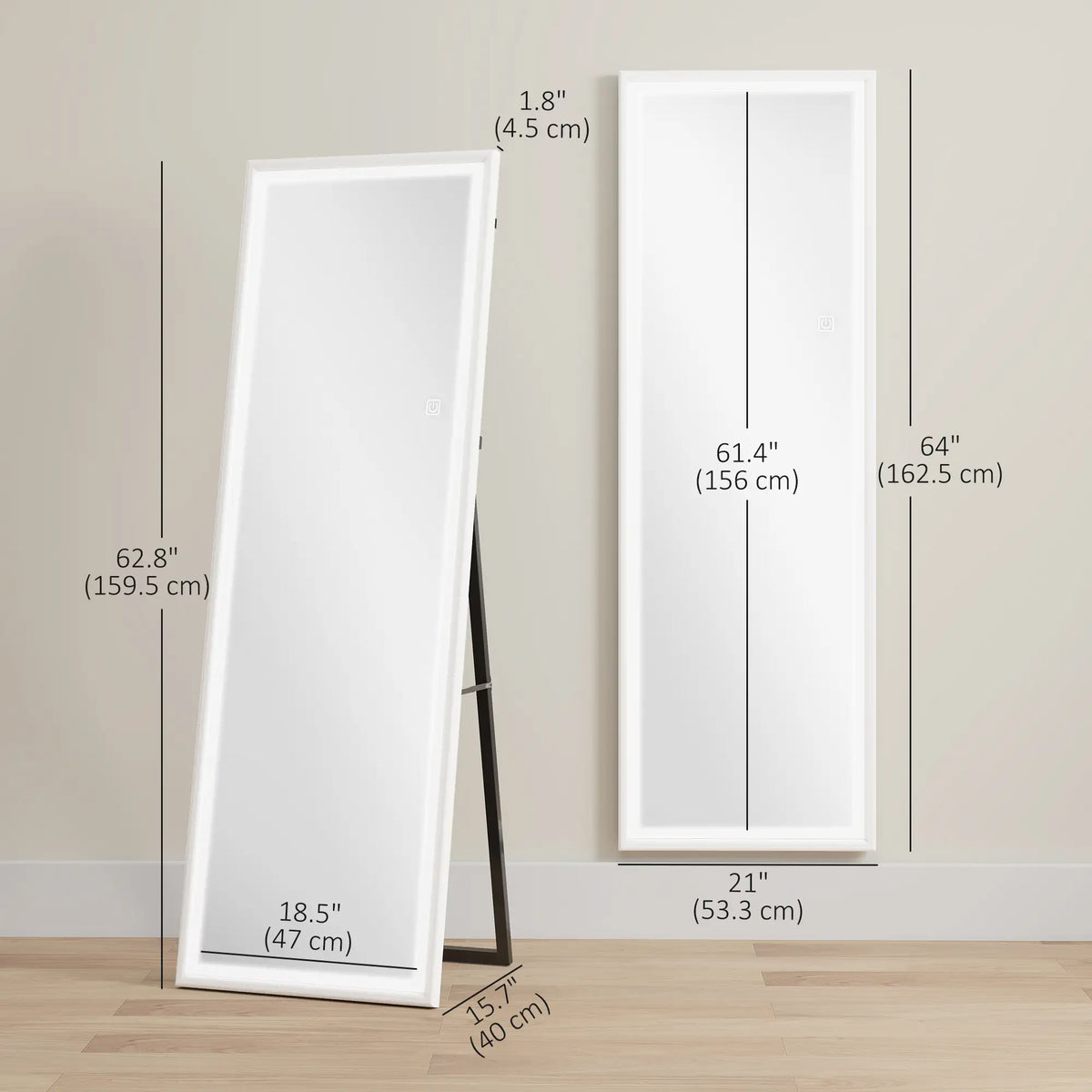 LED Mirror, Dimmable 3 Color Lights, 64" x 21" Rectangular, White Full Length Mirrors at Gallery Canada