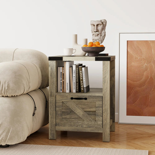Farmhouse Side Table With Storage, Nightstand, Grey